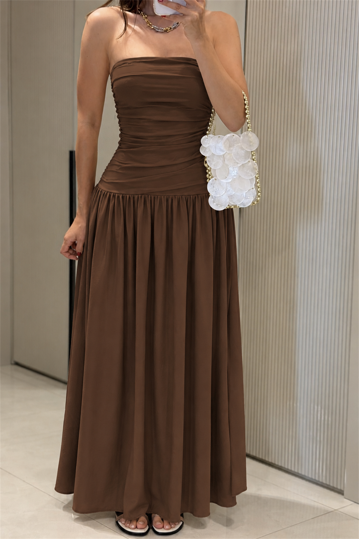 Aspera Kahve Straplez Drape Detaylı Elbise