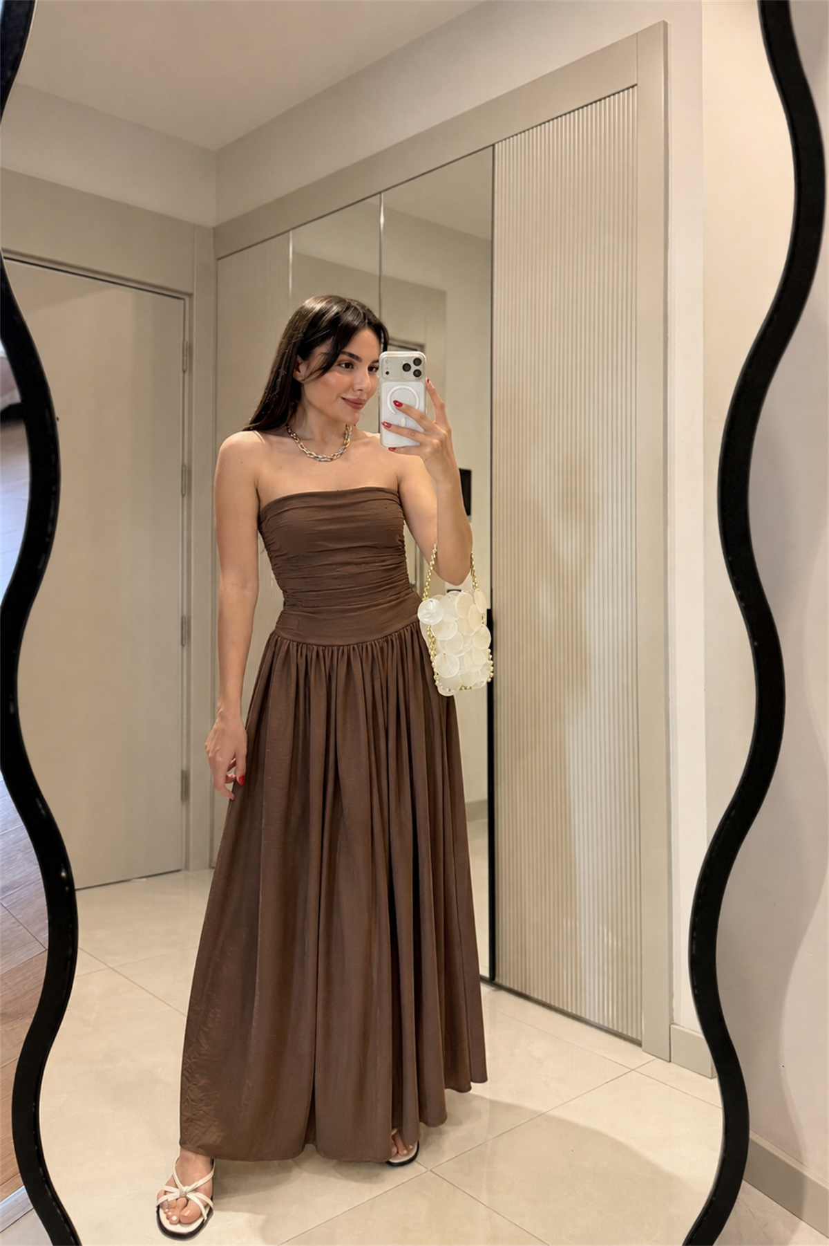 Aspera Kahve Straplez Drape Detaylı Elbise