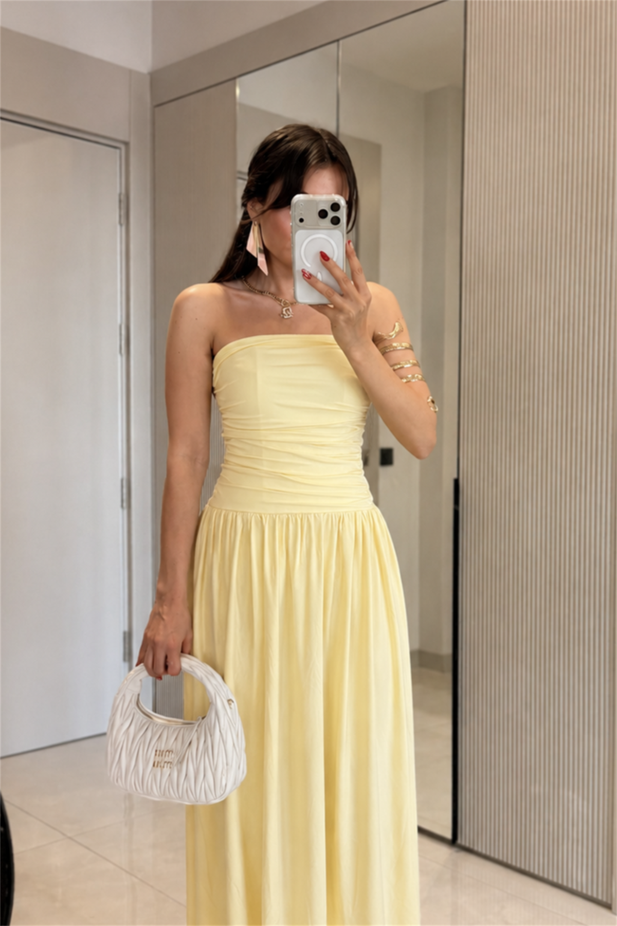 Aspera Sarı Straplez Drape Detaylı Elbise