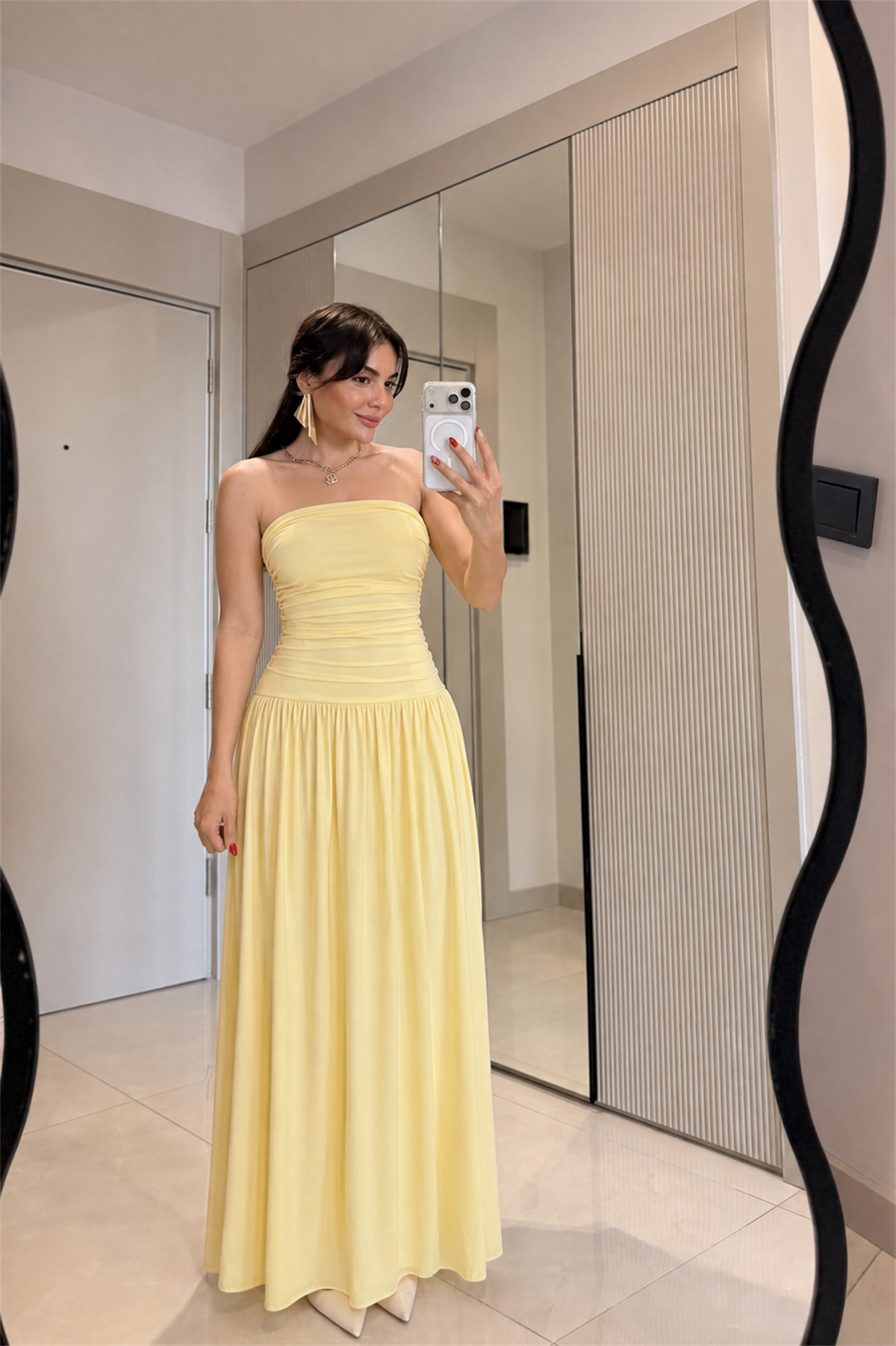 Aspera Sarı Straplez Drape Detaylı Elbise
