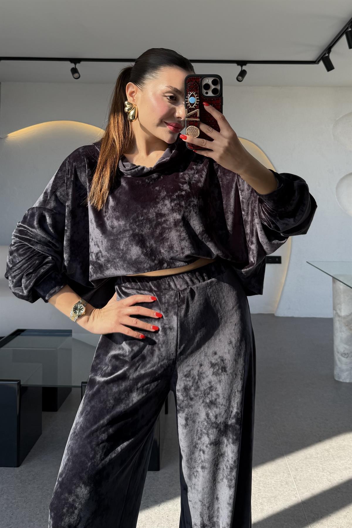 Aspire Lacivert Kadife Kapüşonlu Takım 