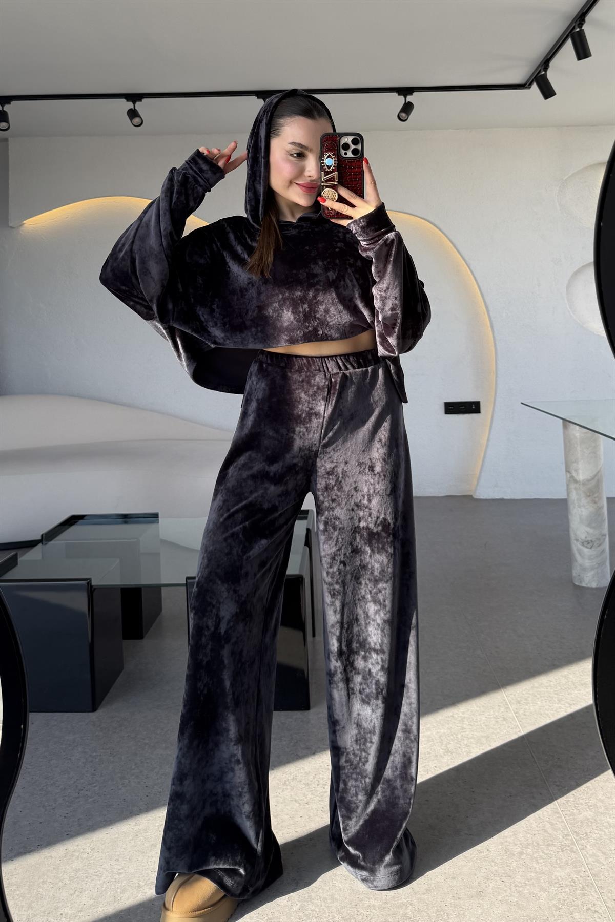 Aspire Lacivert Kadife Kapüşonlu Takım 