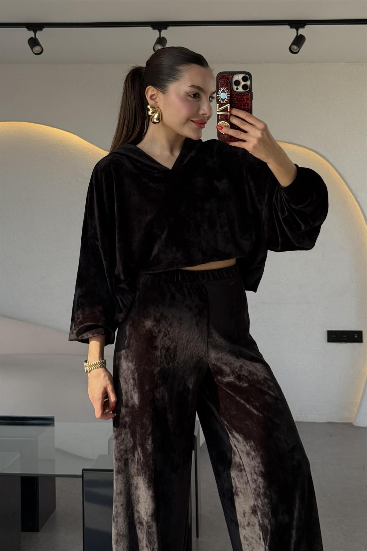 Aspire Siyah Kadife Kapüşonlu Takım 