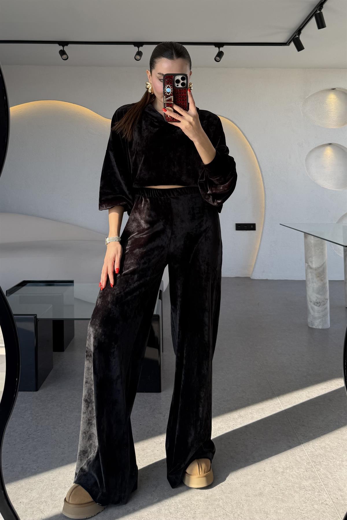 Aspire Siyah Kadife Kapüşonlu Takım 