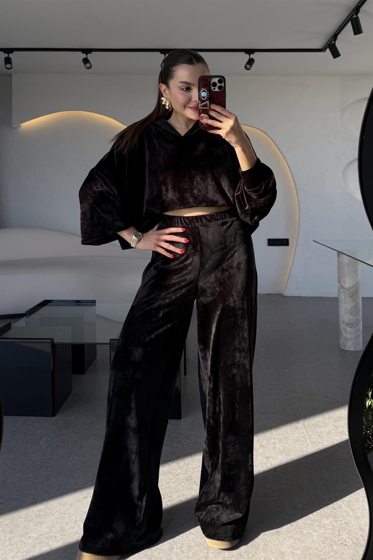 Aspire Siyah Kadife Kapüşonlu Takım 