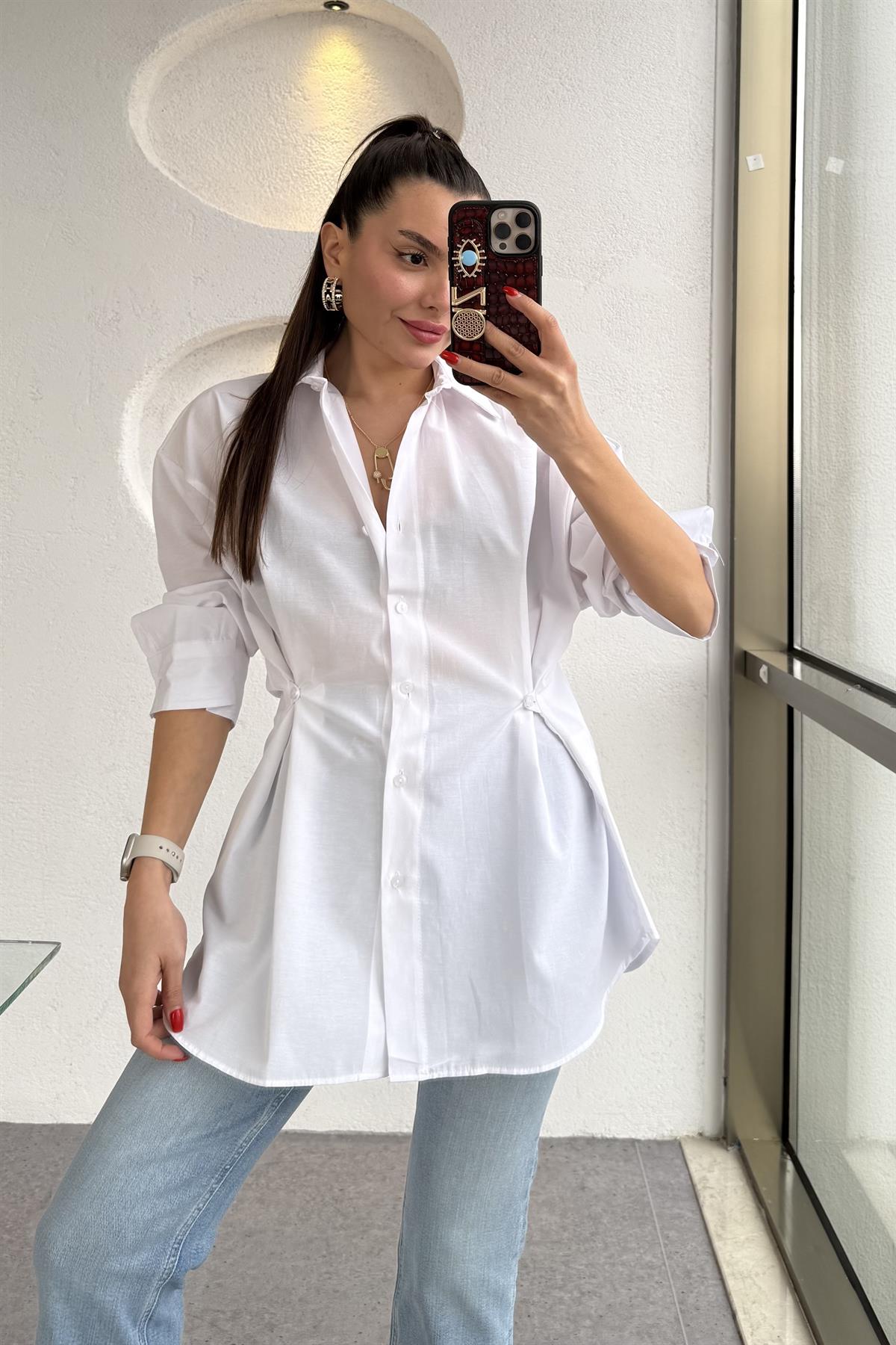 Athen Beyaz Bel Düğmeli Gömlek