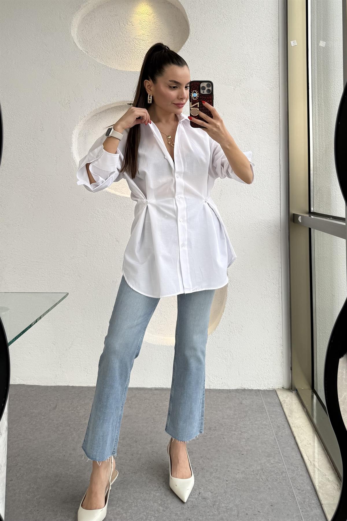 Athen Beyaz Bel Düğmeli Gömlek