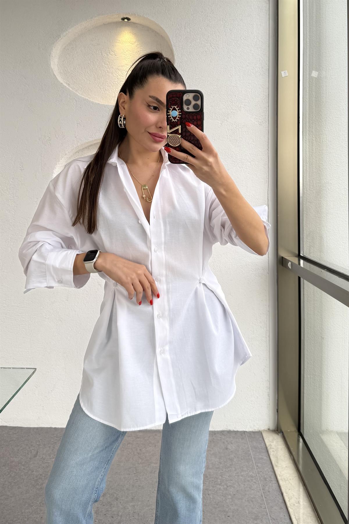 Athen Beyaz Bel Düğmeli Gömlek