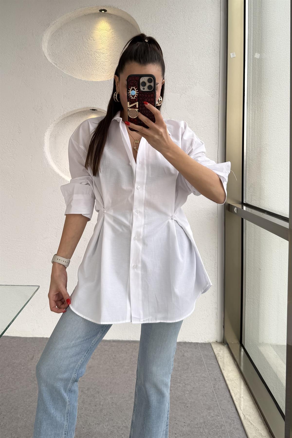 Athen Beyaz Bel Düğmeli Gömlek