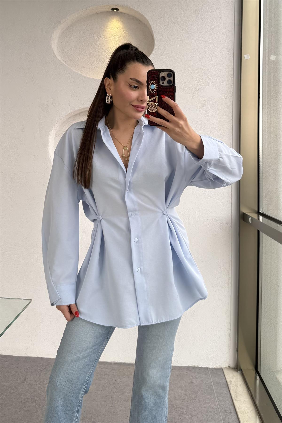 Athen Buz Mavi Bel Düğmeli Gömlek