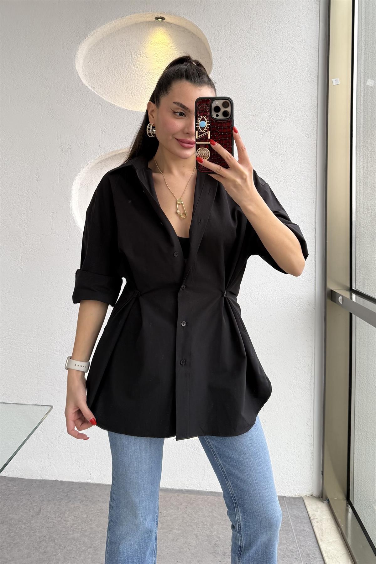 Athen Siyah Bel Düğmeli Gömlek