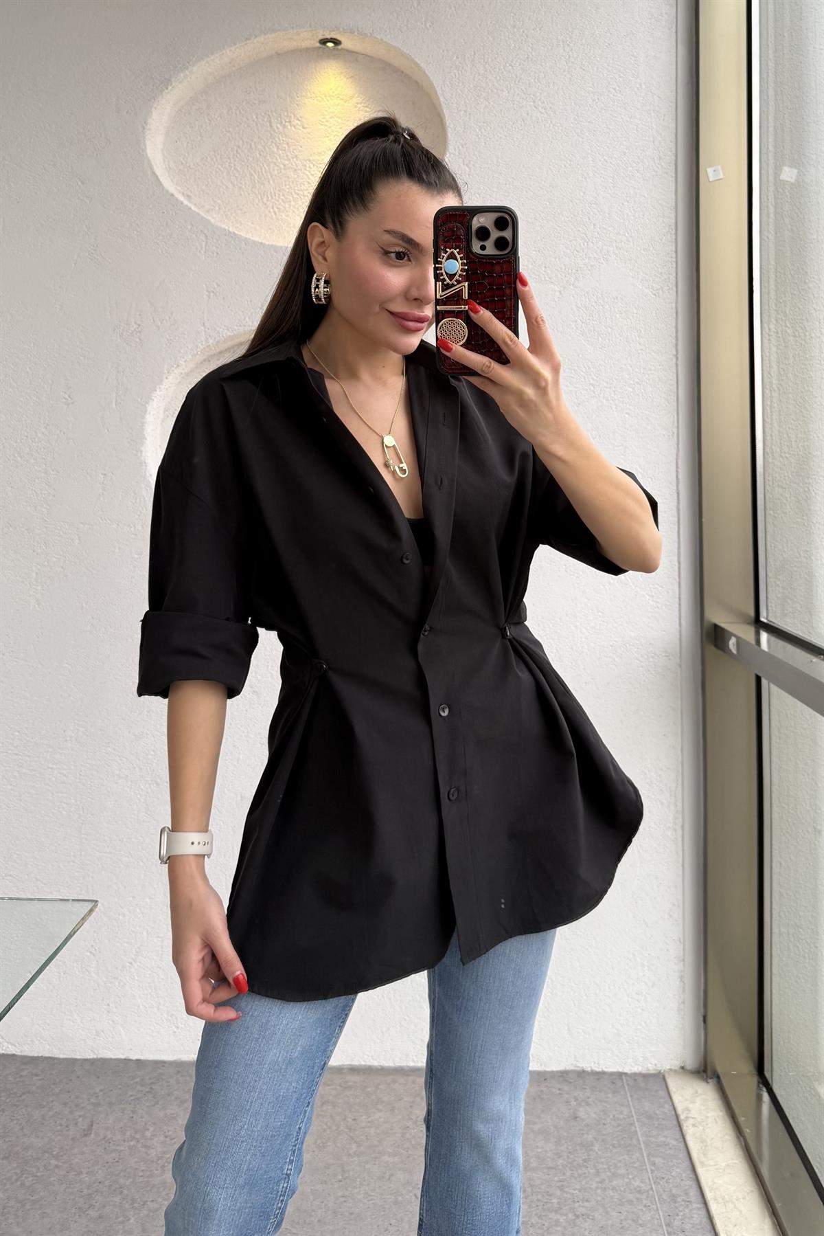 Athen Siyah Bel Düğmeli Gömlek