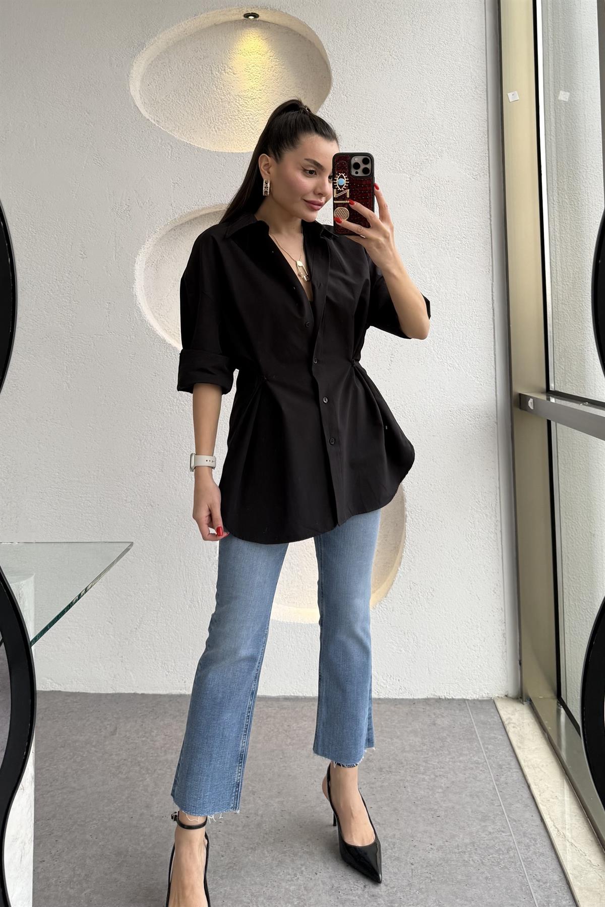 Athen Siyah Bel Düğmeli Gömlek