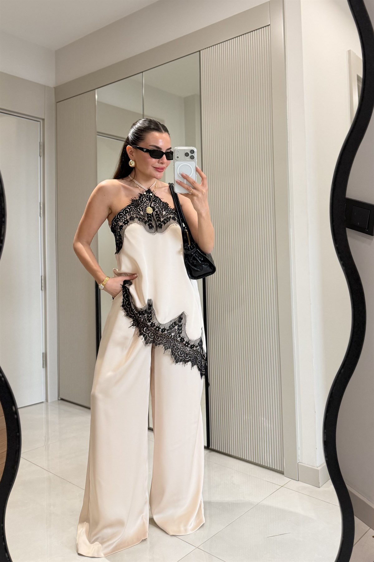 Athina Ekru Saten Geniş Paça Pantolon