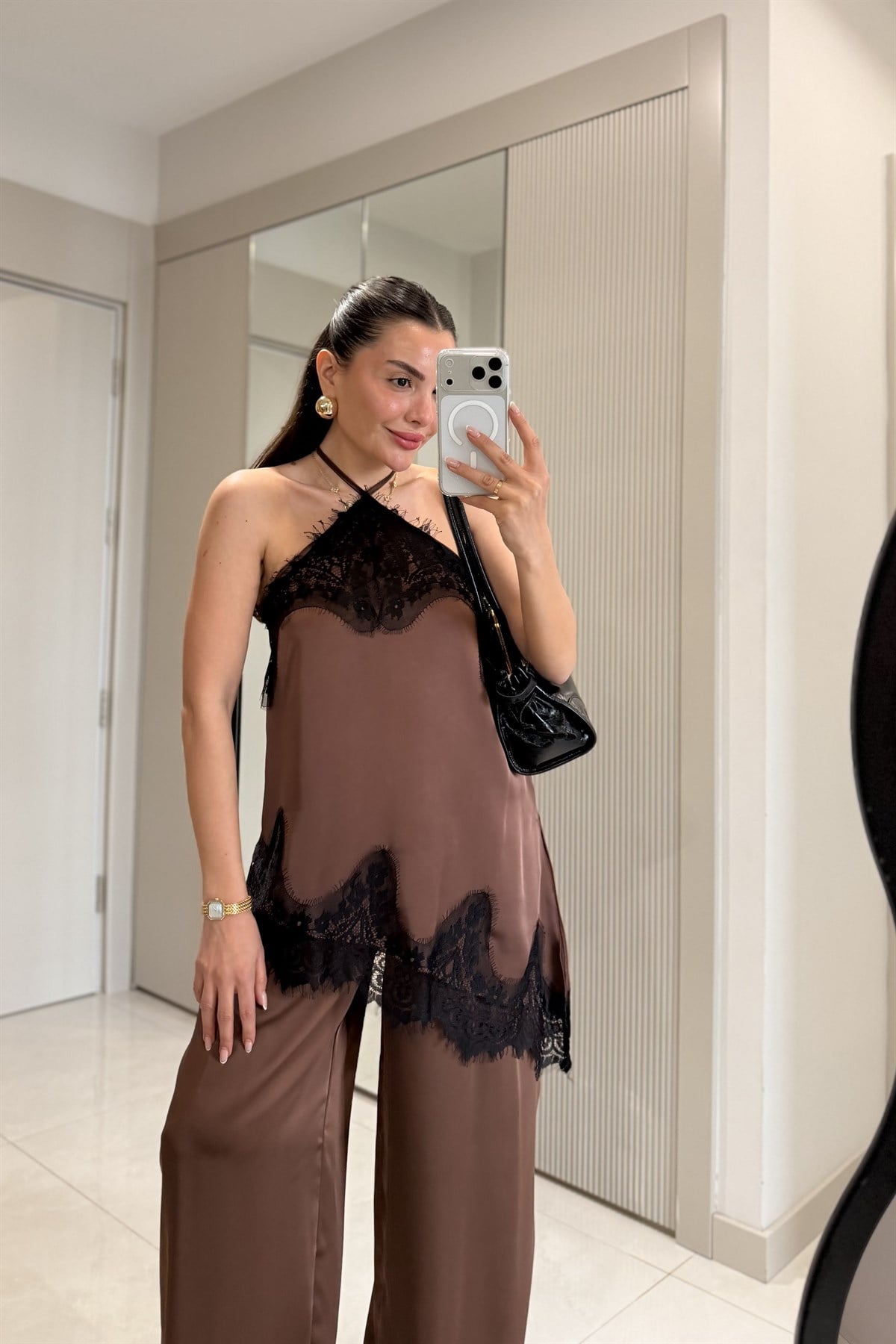Athina Kahve Saten Dantelli Bluz