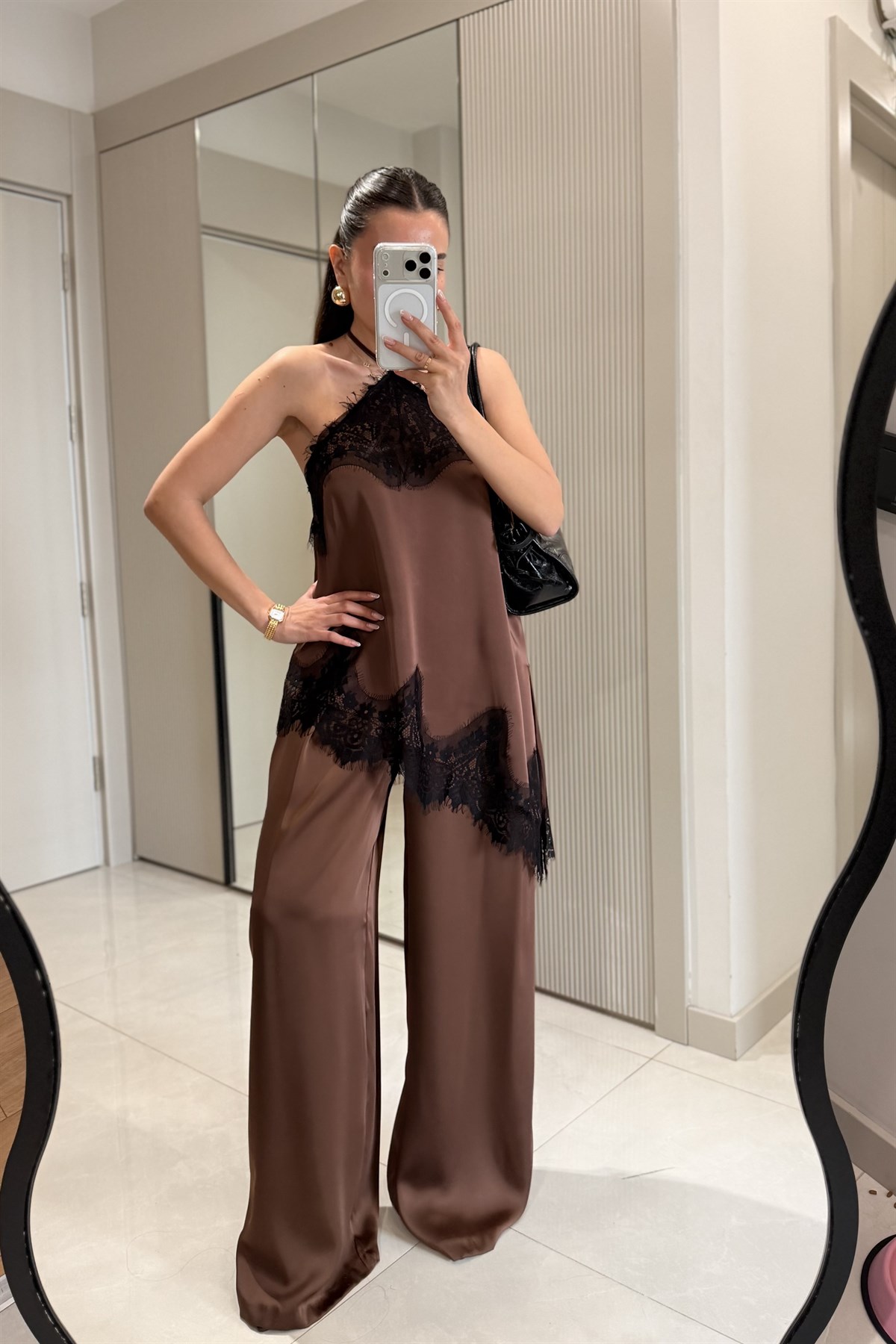 Athina Kahve Saten Geniş Paça Pantolon