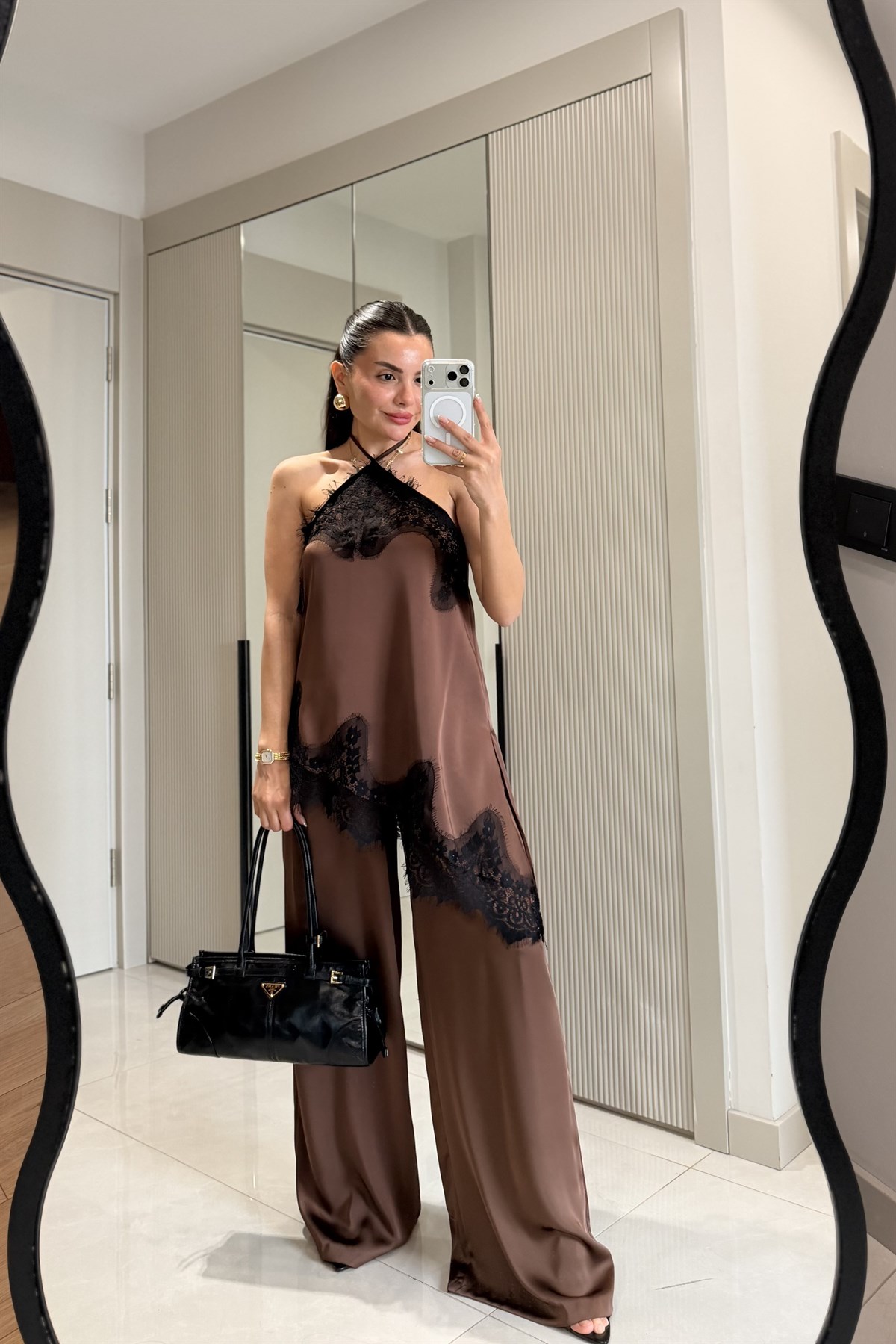 Athina Kahve Saten Geniş Paça Pantolon