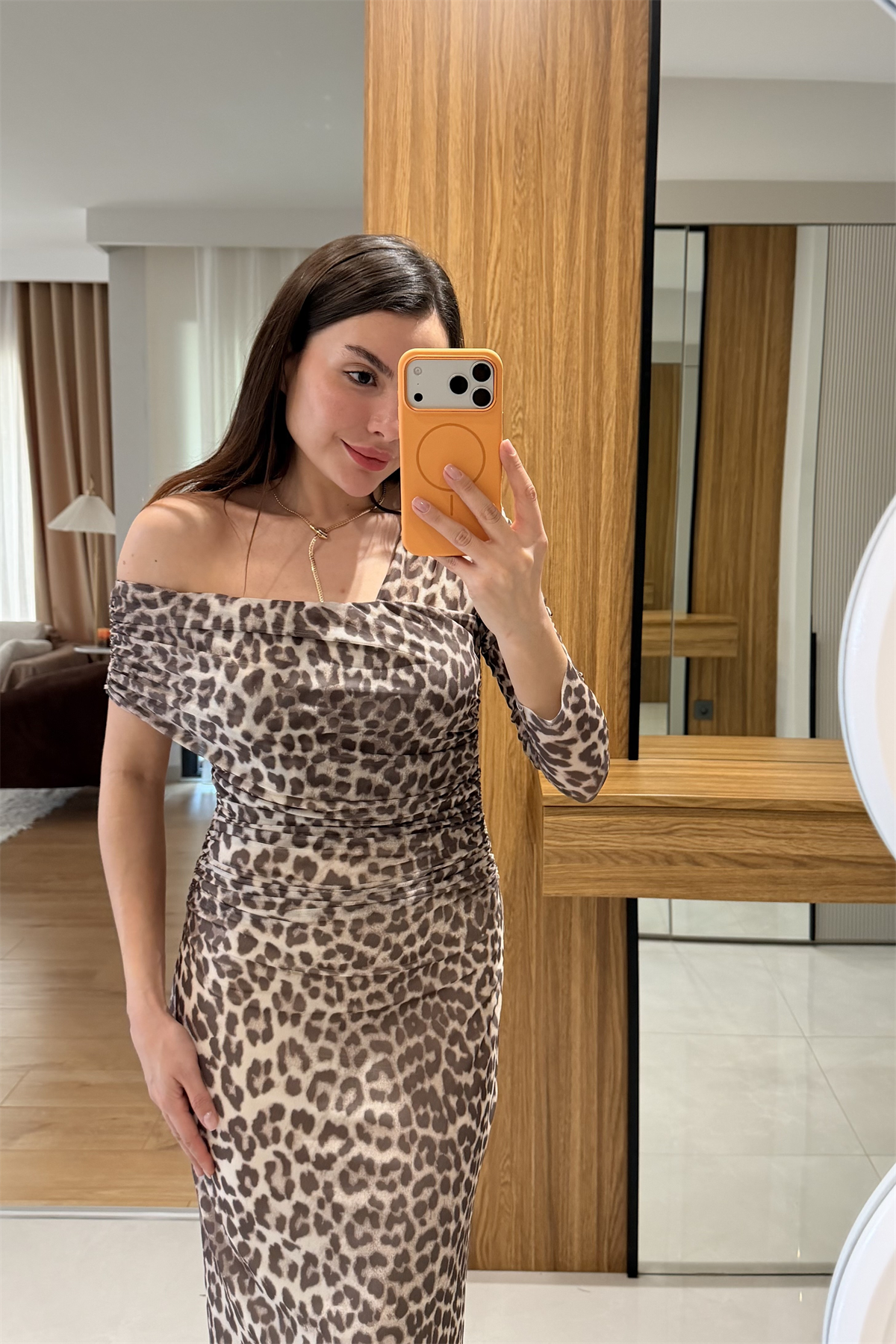 Atine Leopar Tek Omuz Elbise