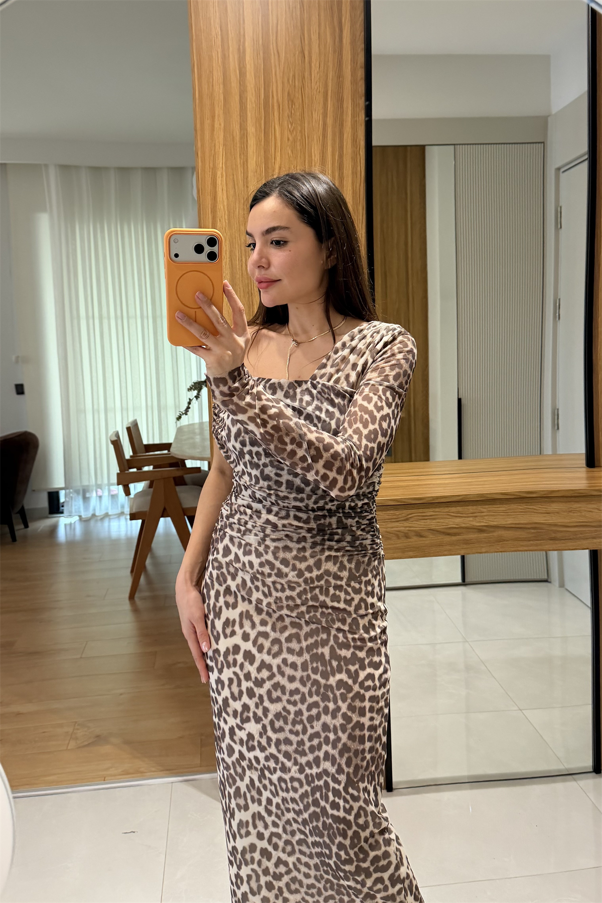 Atine Leopar Tek Omuz Elbise