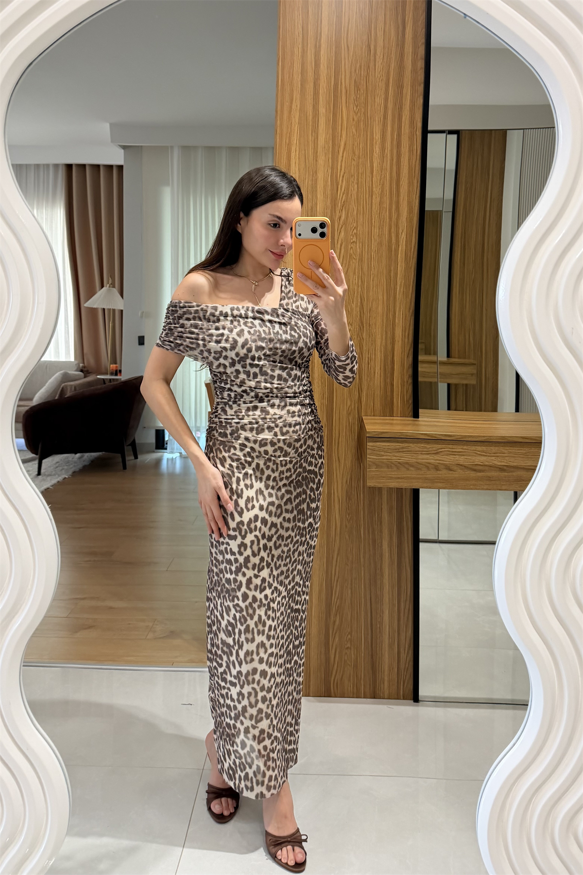 Atine Leopar Tek Omuz Elbise