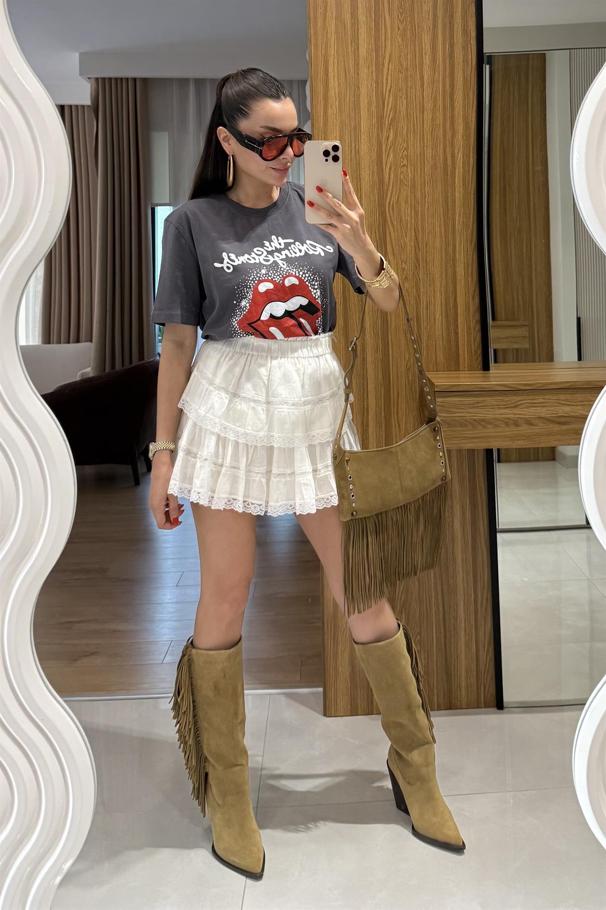 Audrey Beyaz Dantel Geçişli Etek