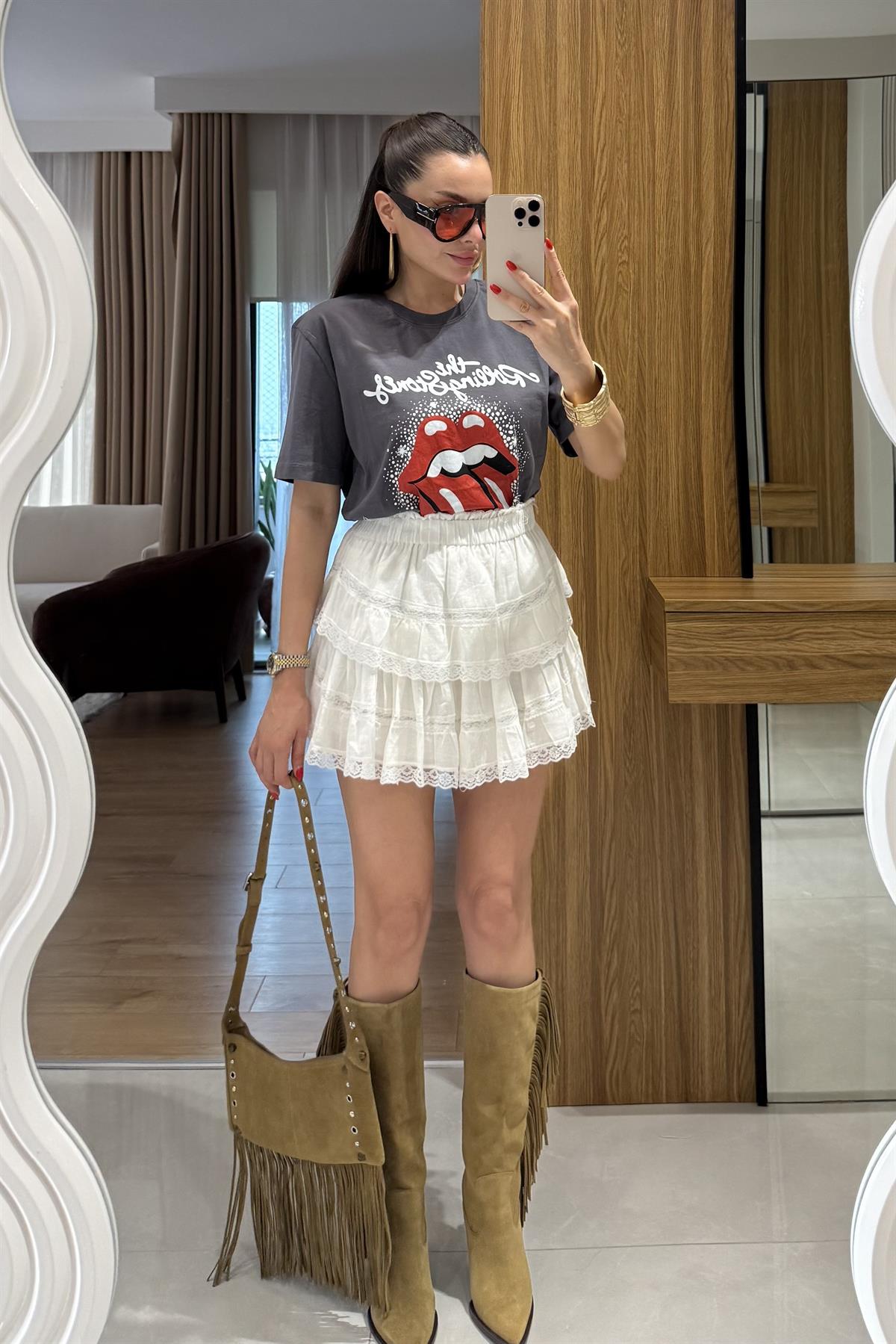 Audrey Beyaz Dantel Geçişli Etek