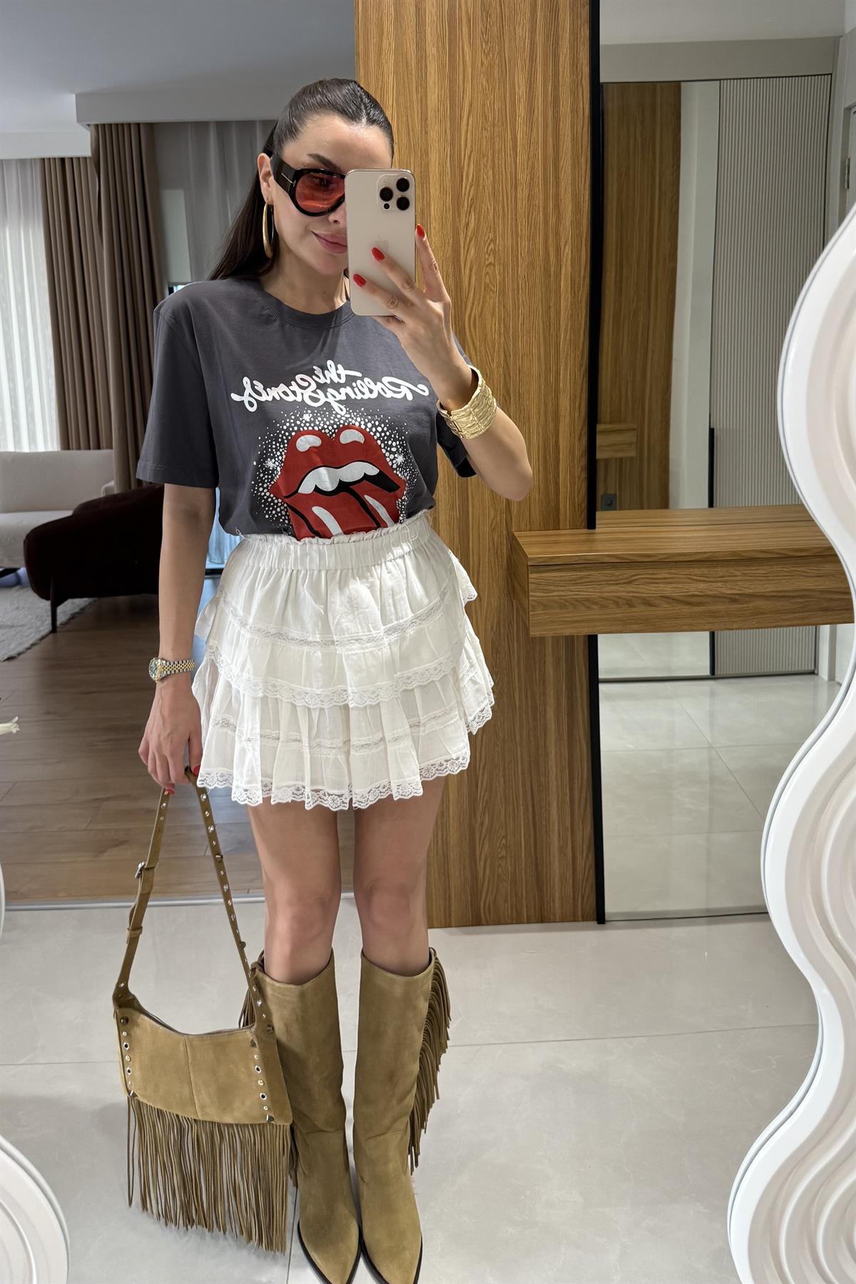 Audrey Beyaz Dantel Geçişli Etek