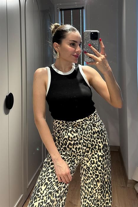 Aura Leopar Desenli Geniş Paça Pantolon