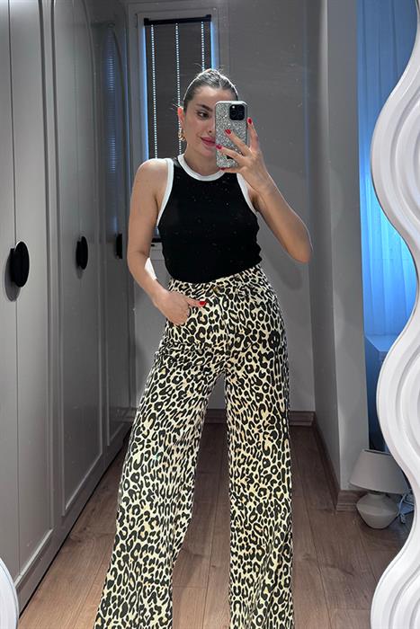 Aura Leopar Desenli Geniş Paça Pantolon