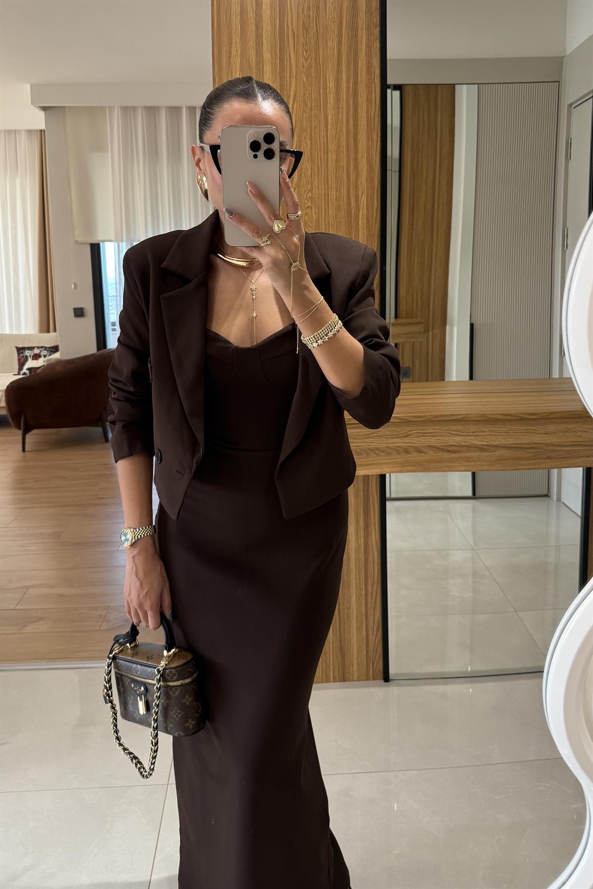 Aurella Kahve Blazer-Elbise Premium Takım