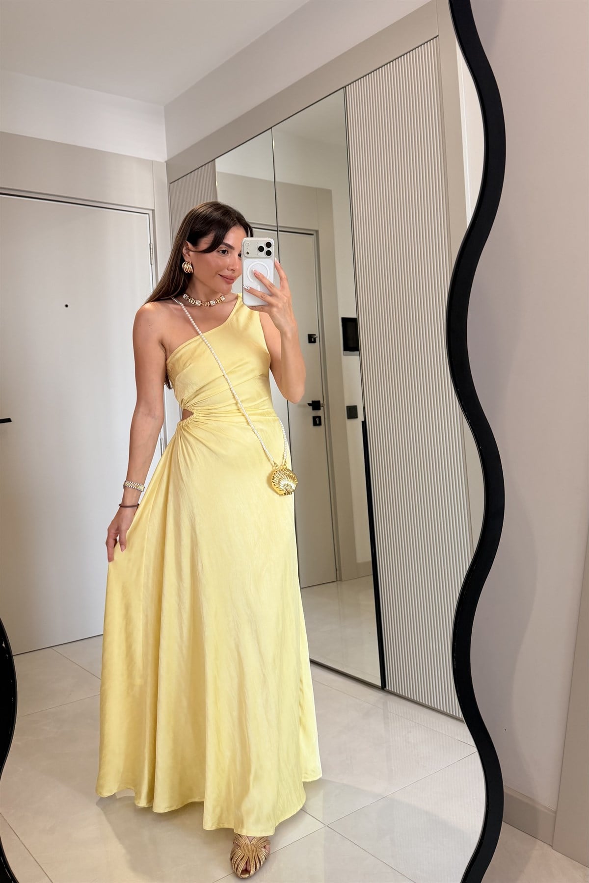 Aurora Sarı Tek Omuz Drapeli Maxi Elbise