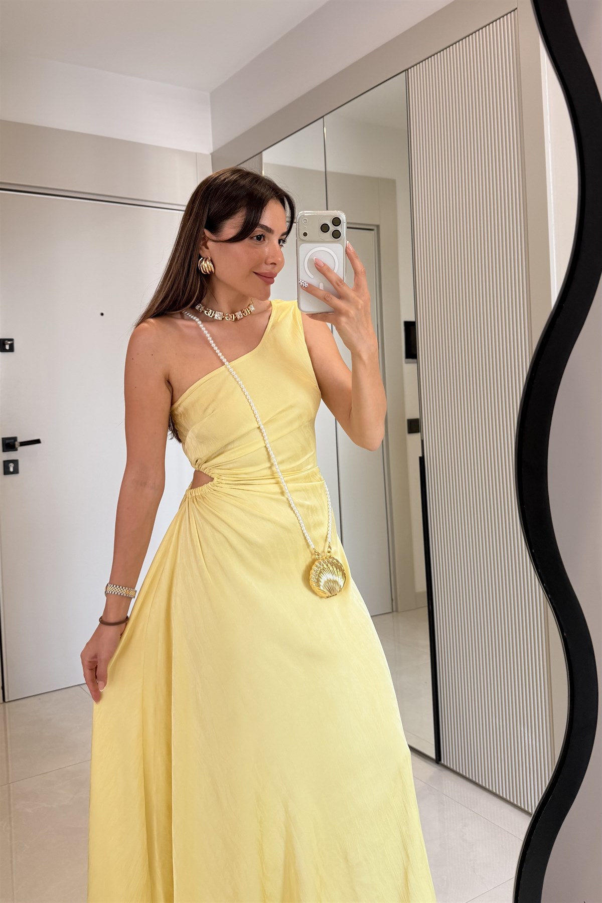Aurora Sarı Tek Omuz Drapeli Maxi Elbise