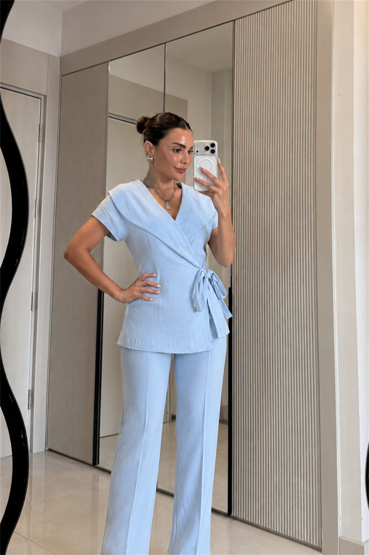Avelis Mavi Keten Yelek Pantolon Takım