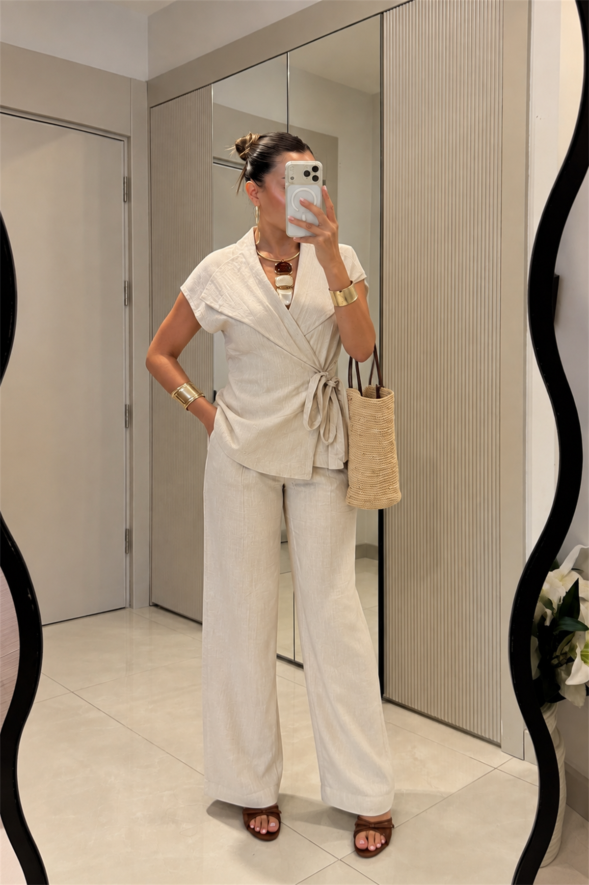 Avelis Natural Keten Yelek Pantolon Takım