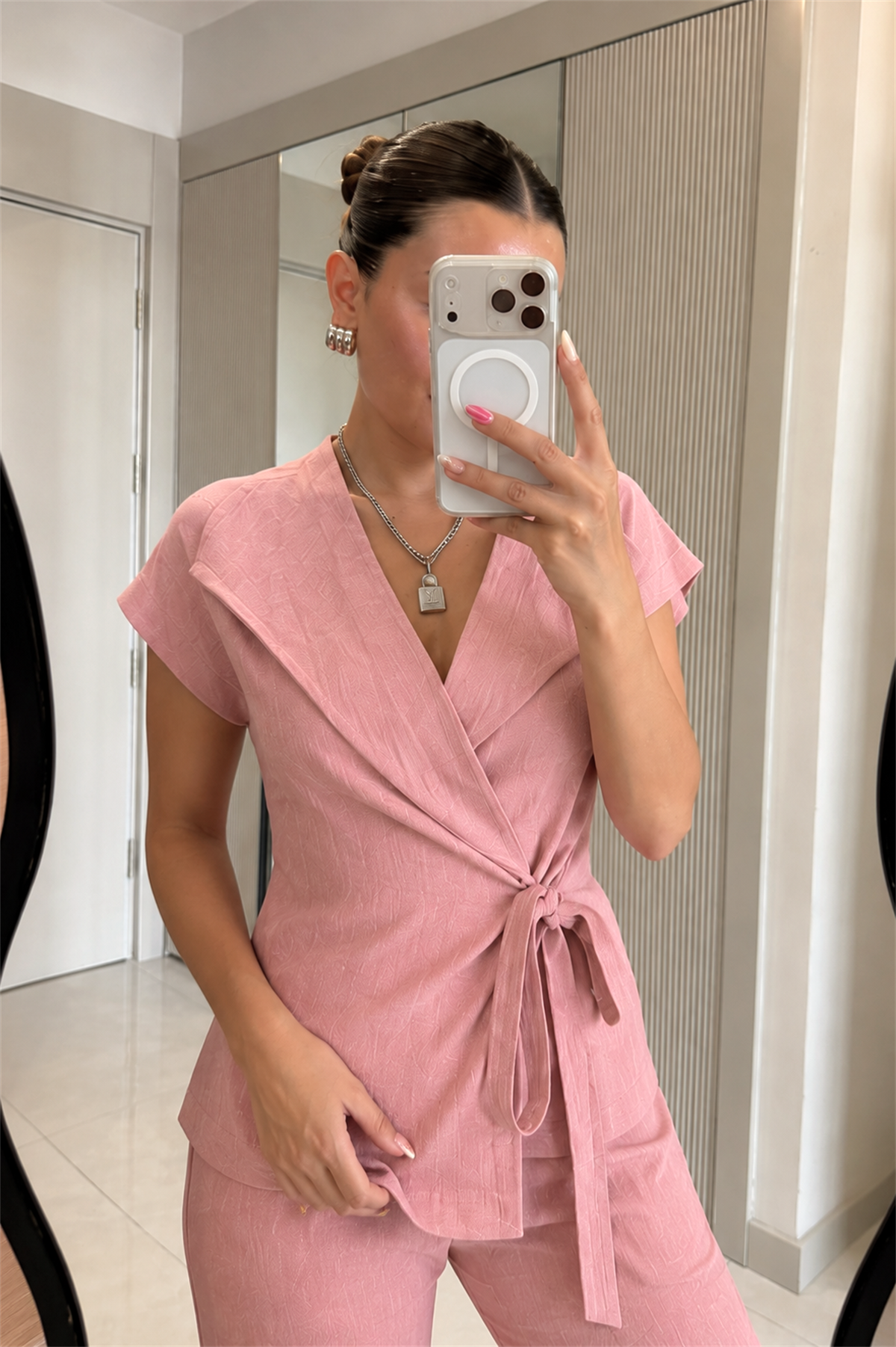 Avelis Pembe Keten Yelek Pantolon Takım