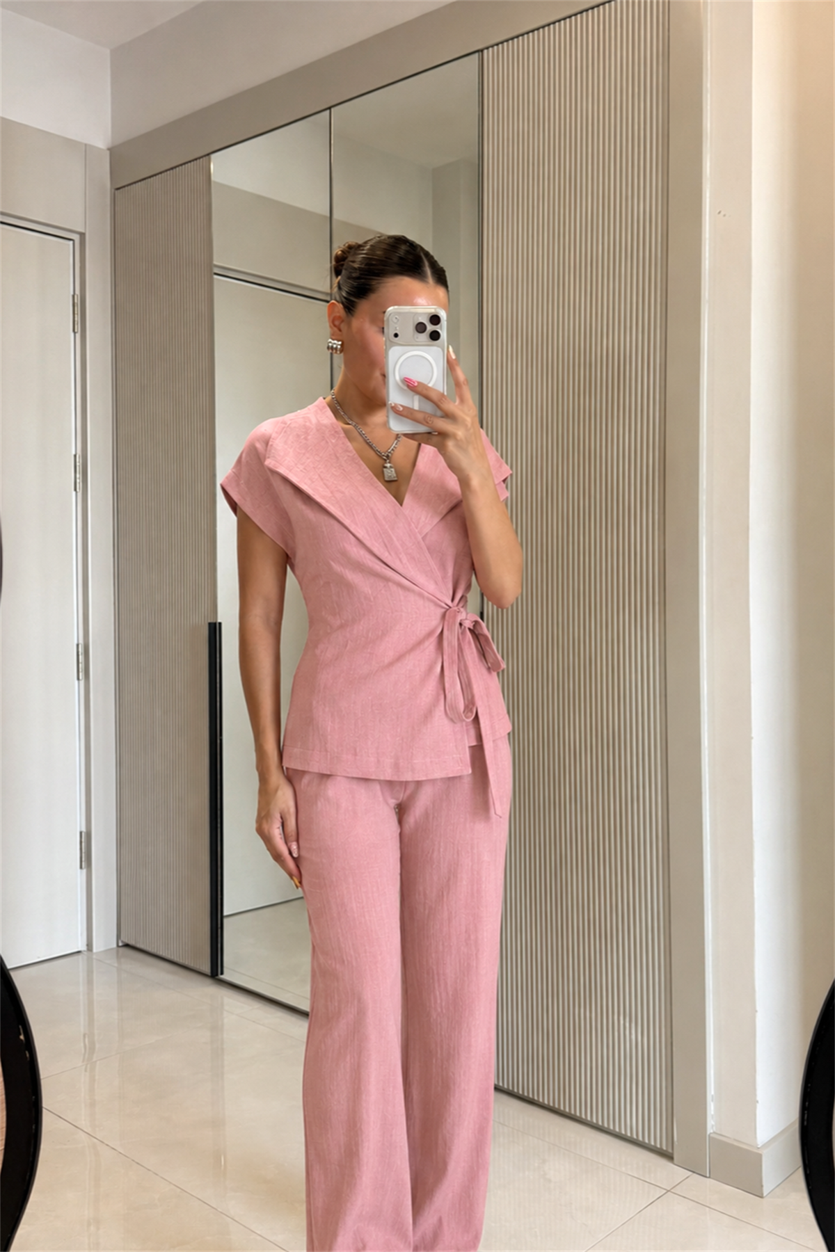 Avelis Pembe Keten Yelek Pantolon Takım