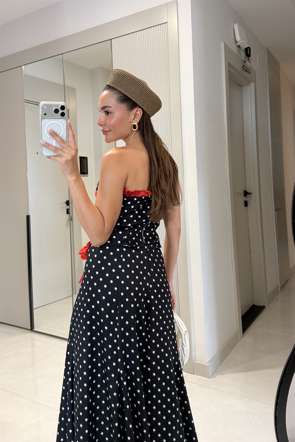 Axelle Siyah Puantiyeli Kırmızı Fiyonk Detaylı Straplez Takım