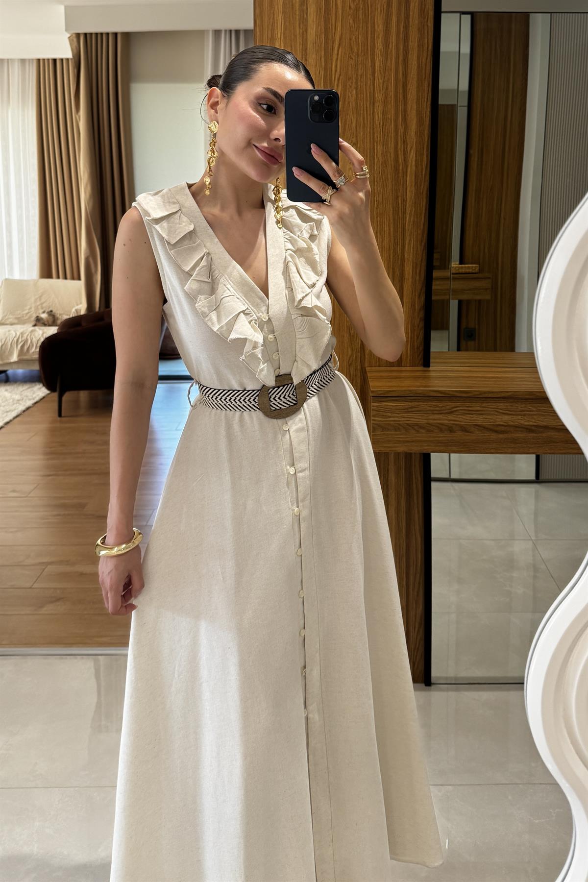 Aymera Kemerli  Maxi Keten Elbise 