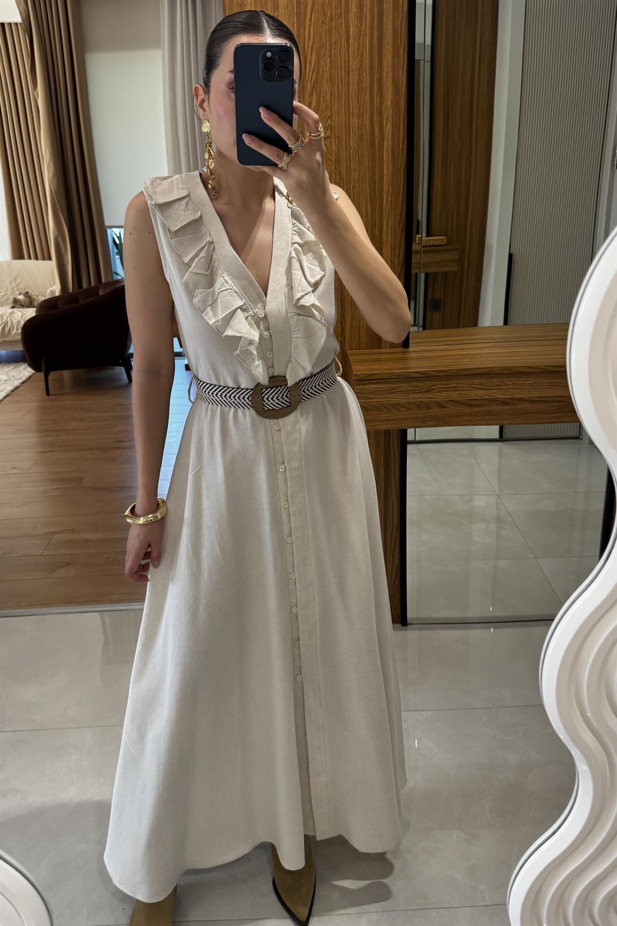 Aymera Kemerli  Maxi Keten Elbise 