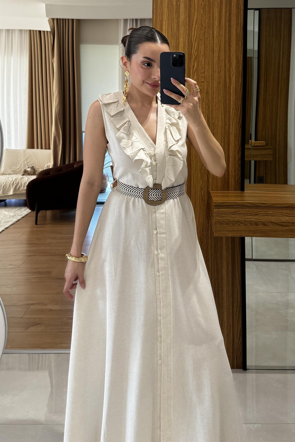 Aymera Kemerli  Maxi Keten Elbise 