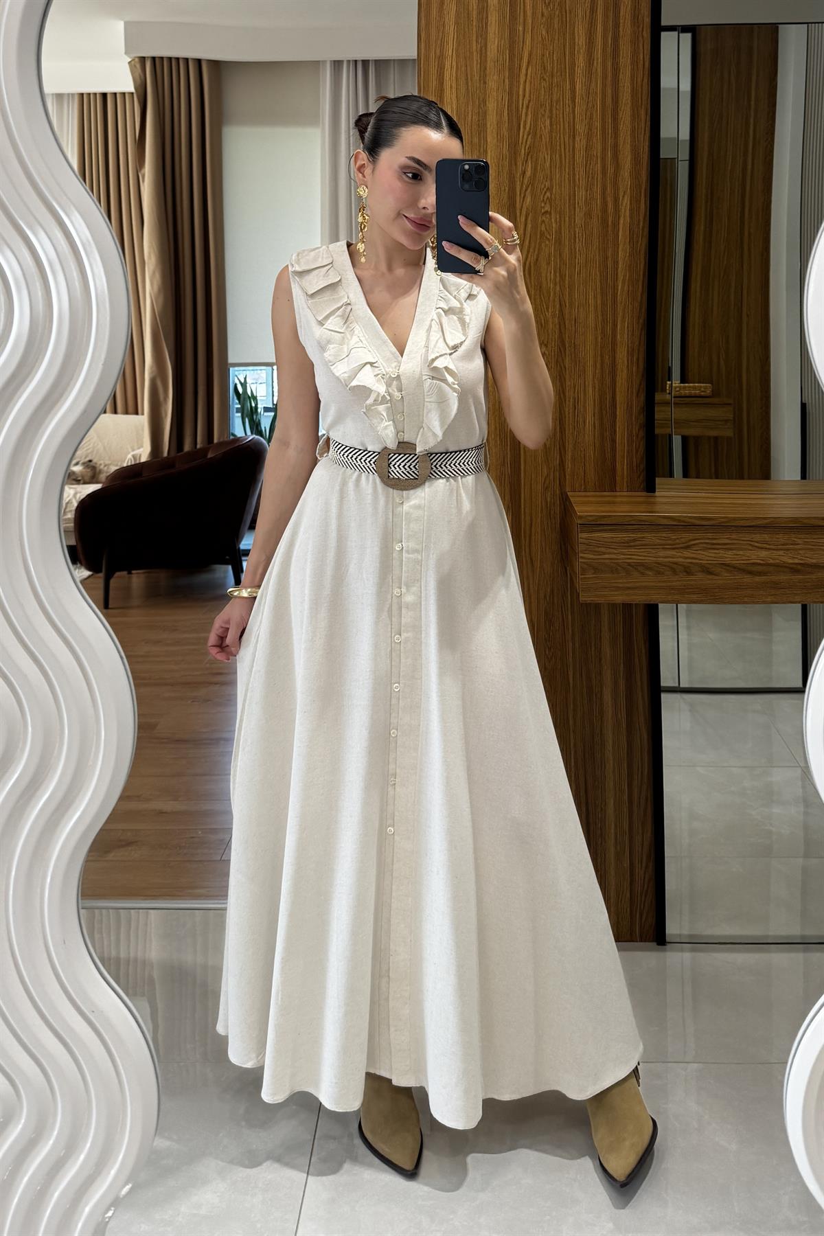 Aymera Kemerli  Maxi Keten Elbise 