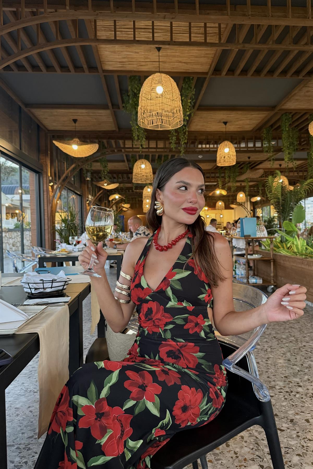 Bahama Kırmızı Güllü Sırt Dekolteli Elbise