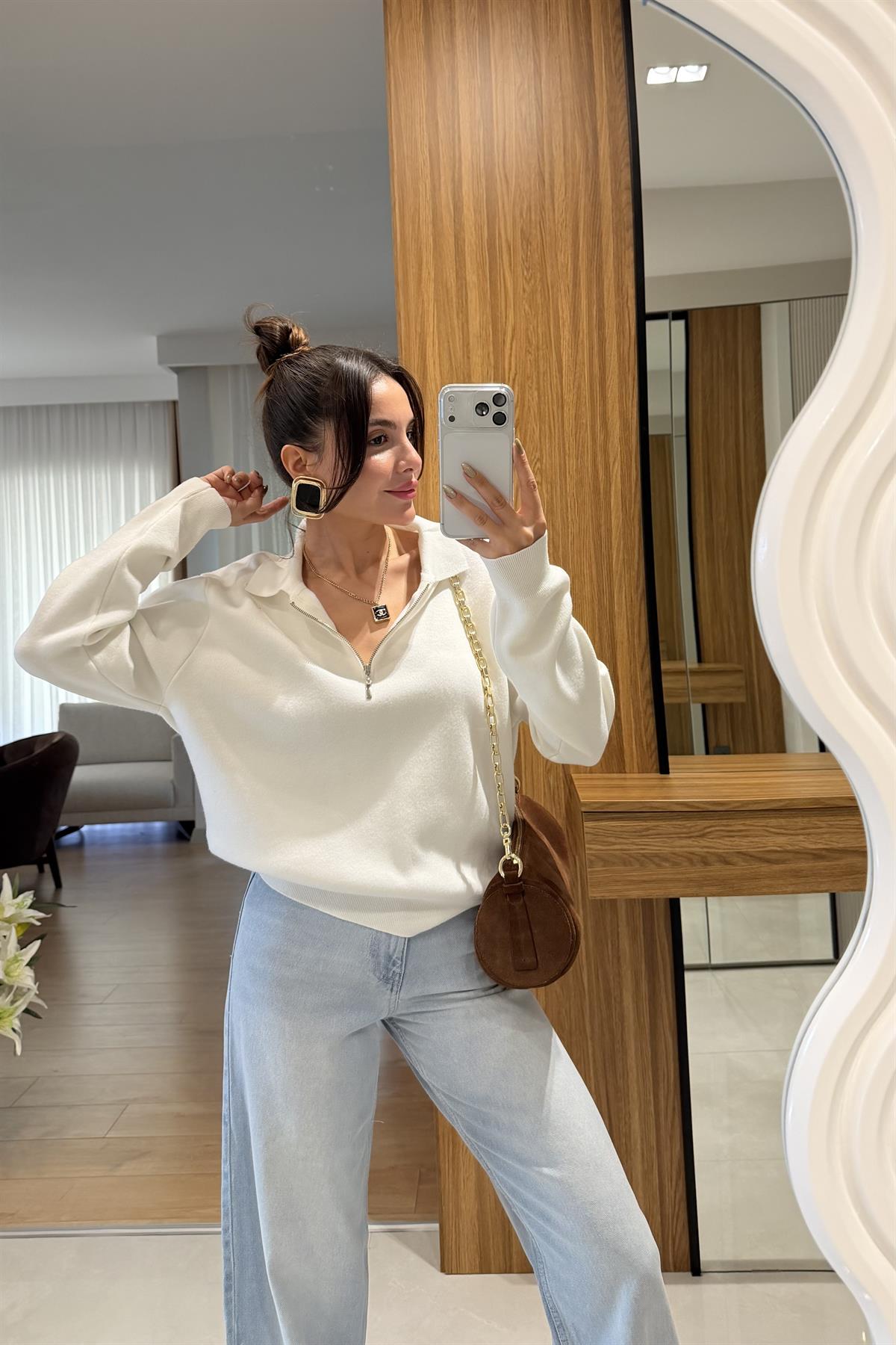 Balance Beyaz Fermuarlı Triko Kazak