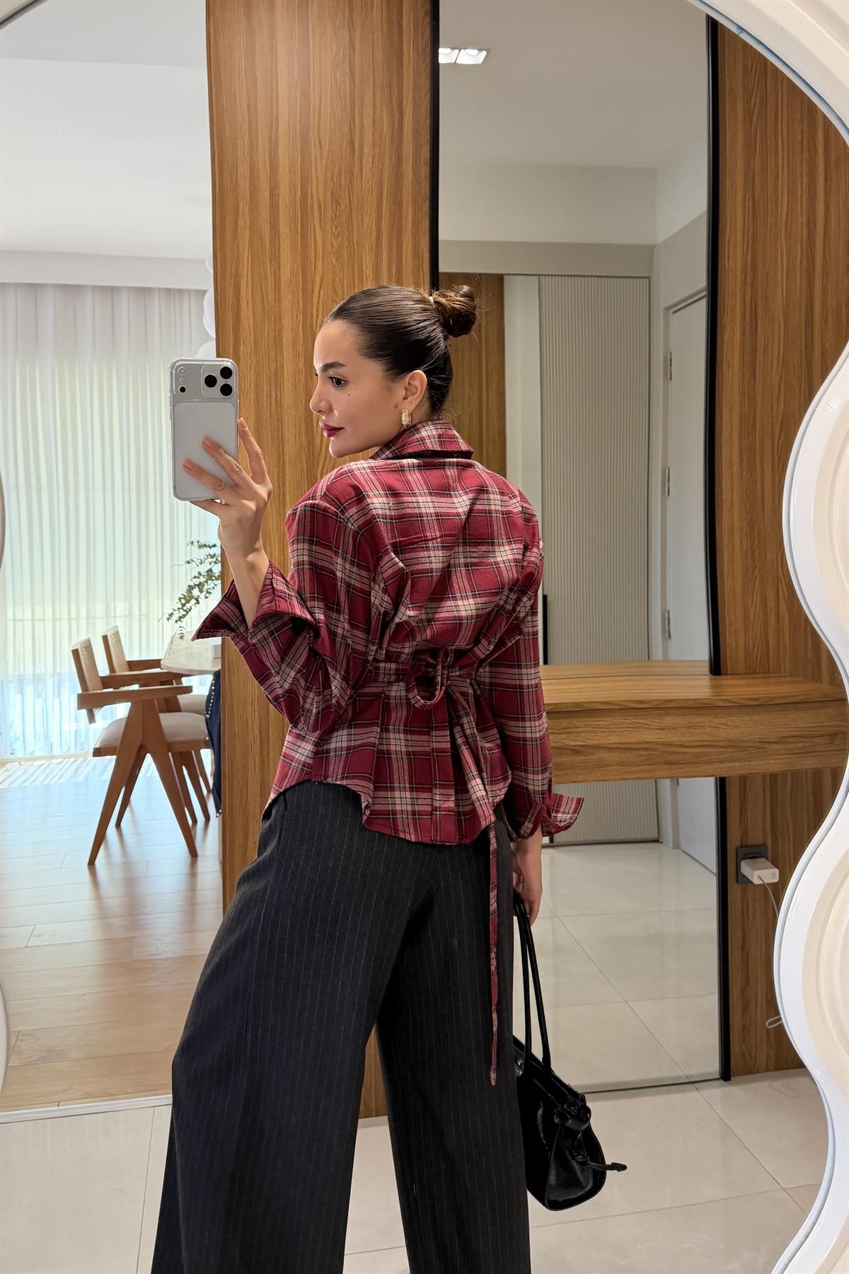 Balena Bordo Ekoseli Bağcıklı Gömlek