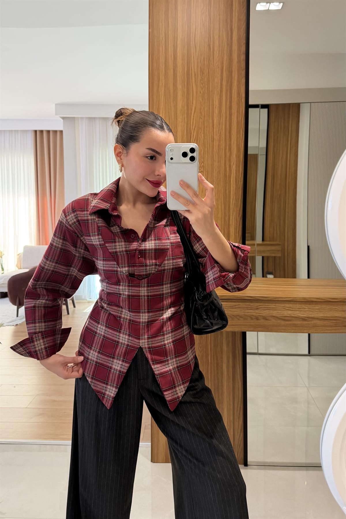 Balena Bordo Ekoseli Bağcıklı Gömlek