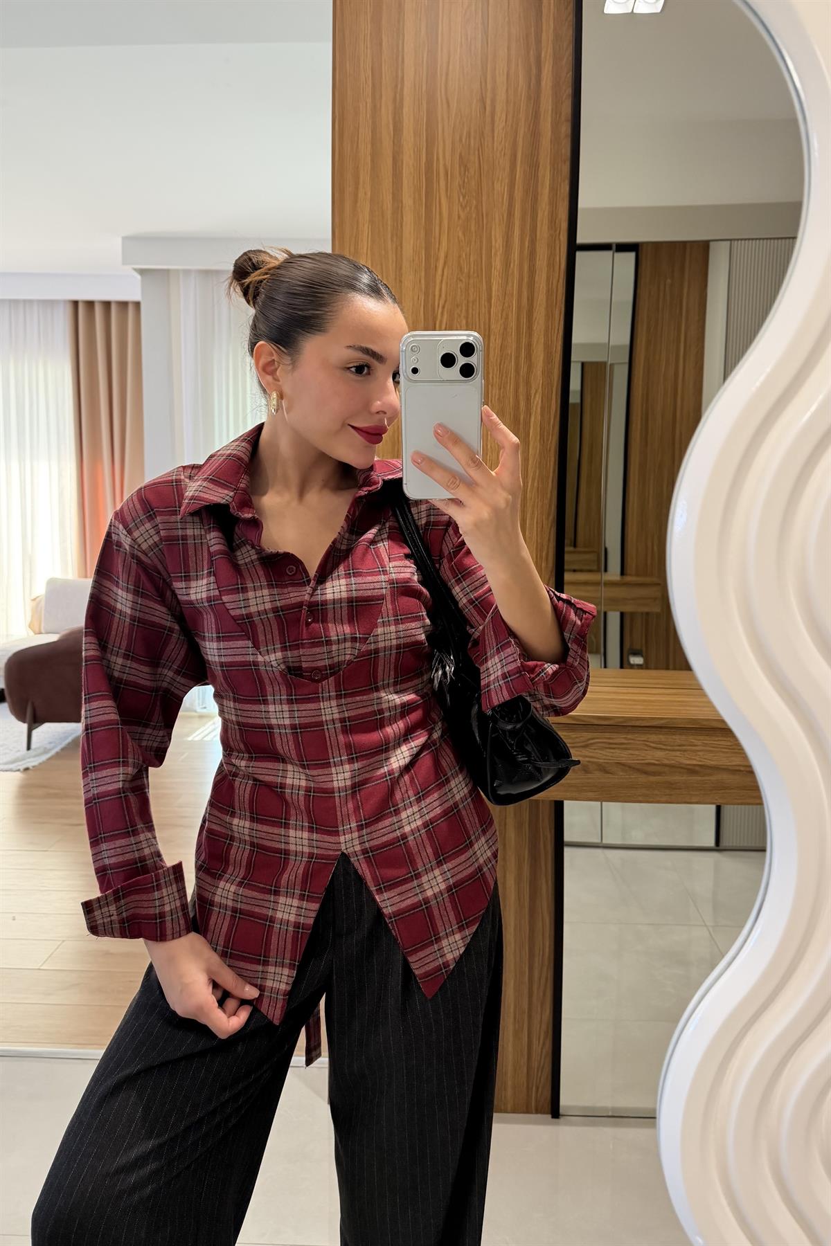 Balena Bordo Ekoseli Bağcıklı Gömlek