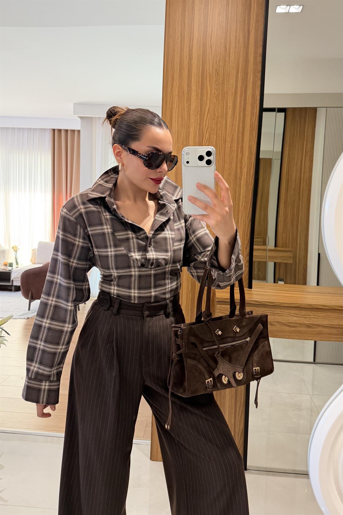 Balena Kahve Ekoseli Bağcıklı Gömlek