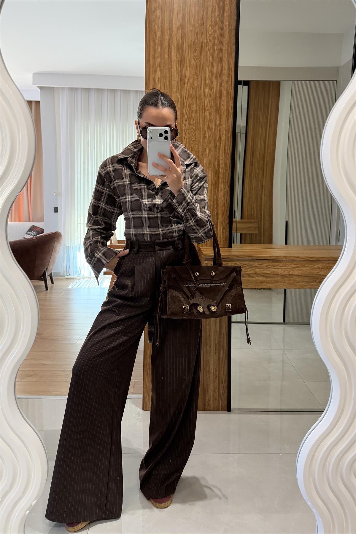 Balena Kahve Ekoseli Bağcıklı Gömlek