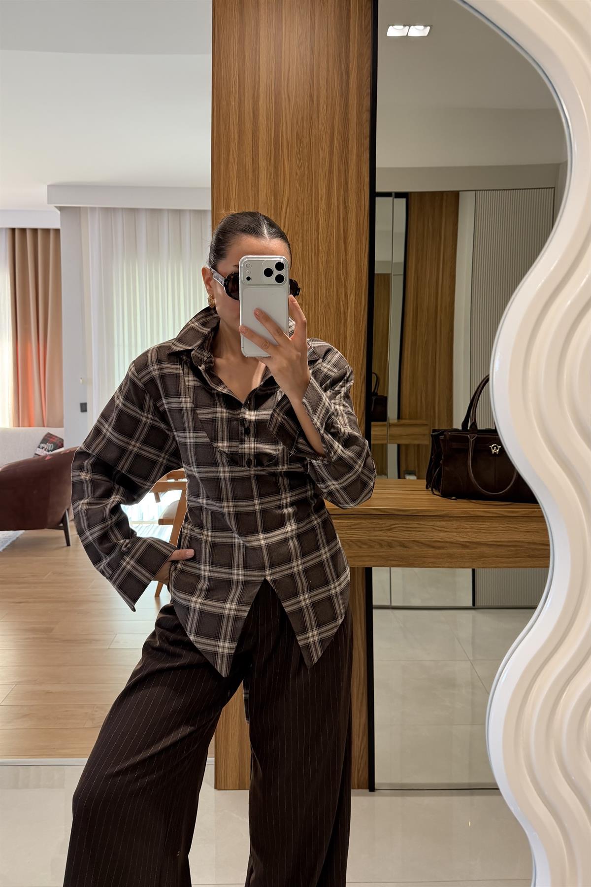 Balena Kahve Ekoseli Bağcıklı Gömlek