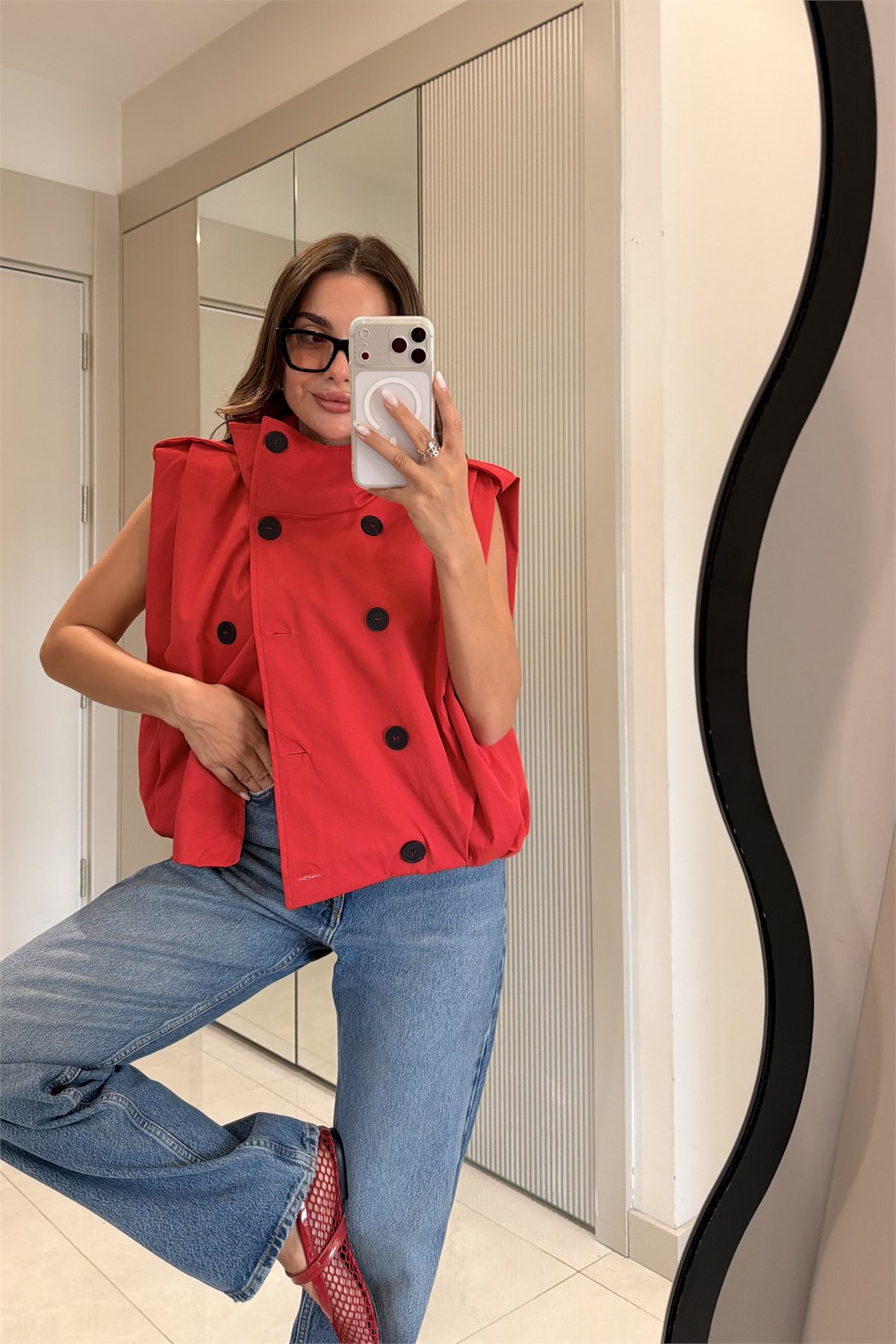 Banja Kırmızı Oversize Trenç Yelek